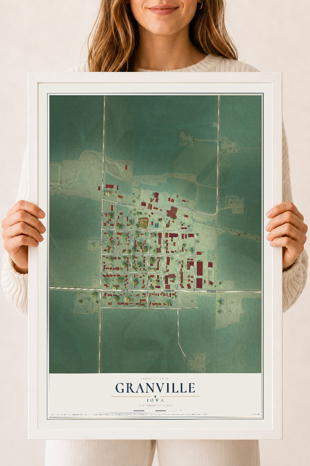 Map of Granville, Iowa, 18 x 24 inch print in a white wood frame