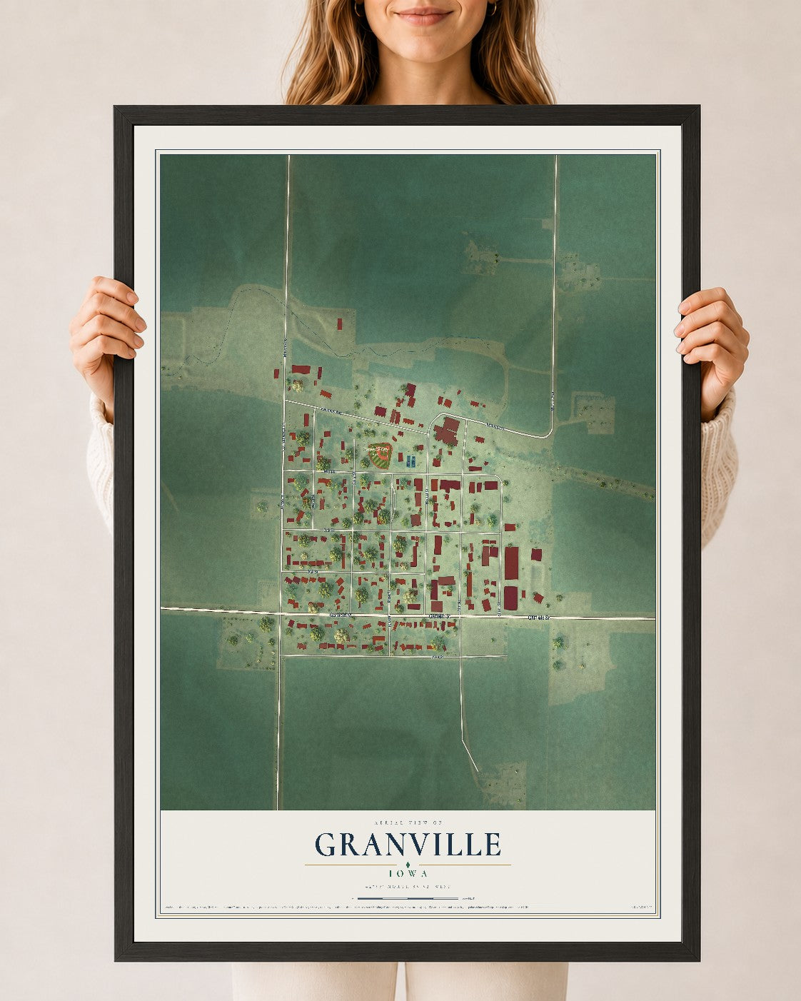 Map of Granville, Iowa, 24 x 36 inch print in a black wood frame