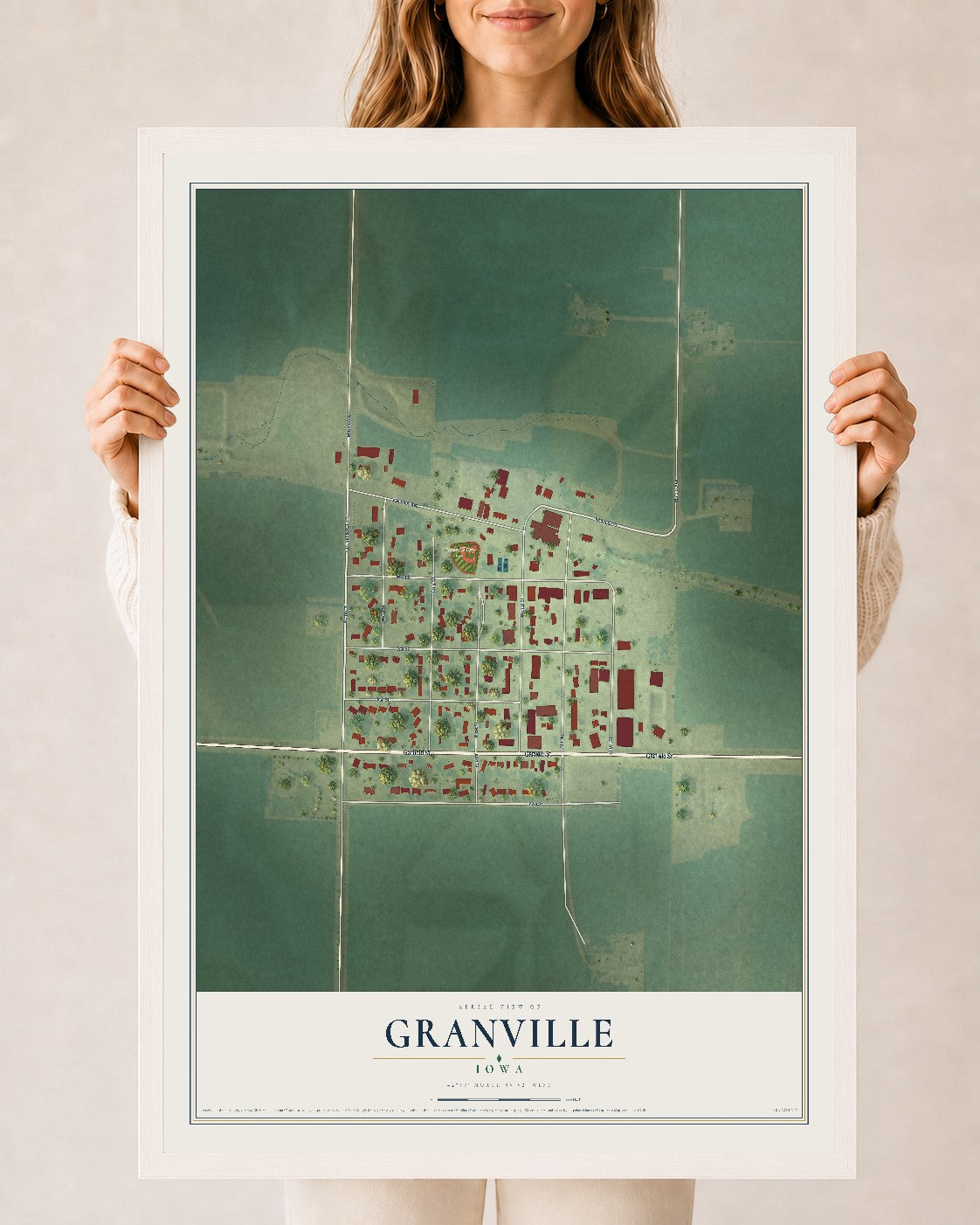 Map of Granville, Iowa, 24 x 36 inch print in a white wood frame