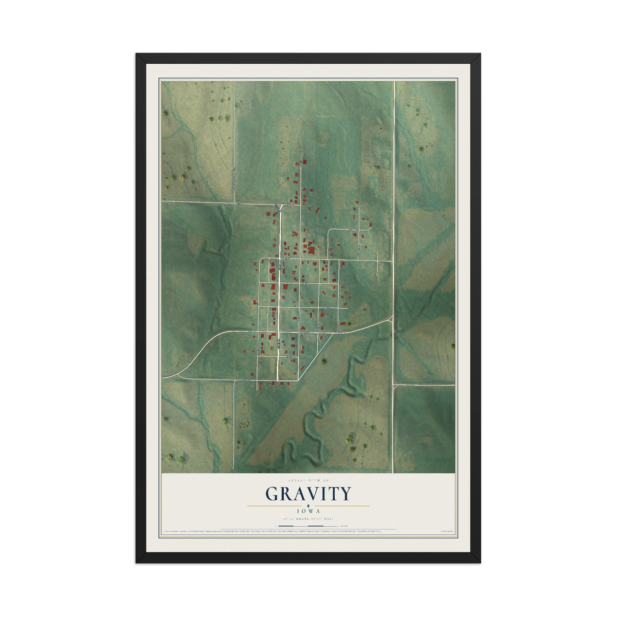 Map of Gravity, Iowa, 12 x 18 inch print in a black wood frame
