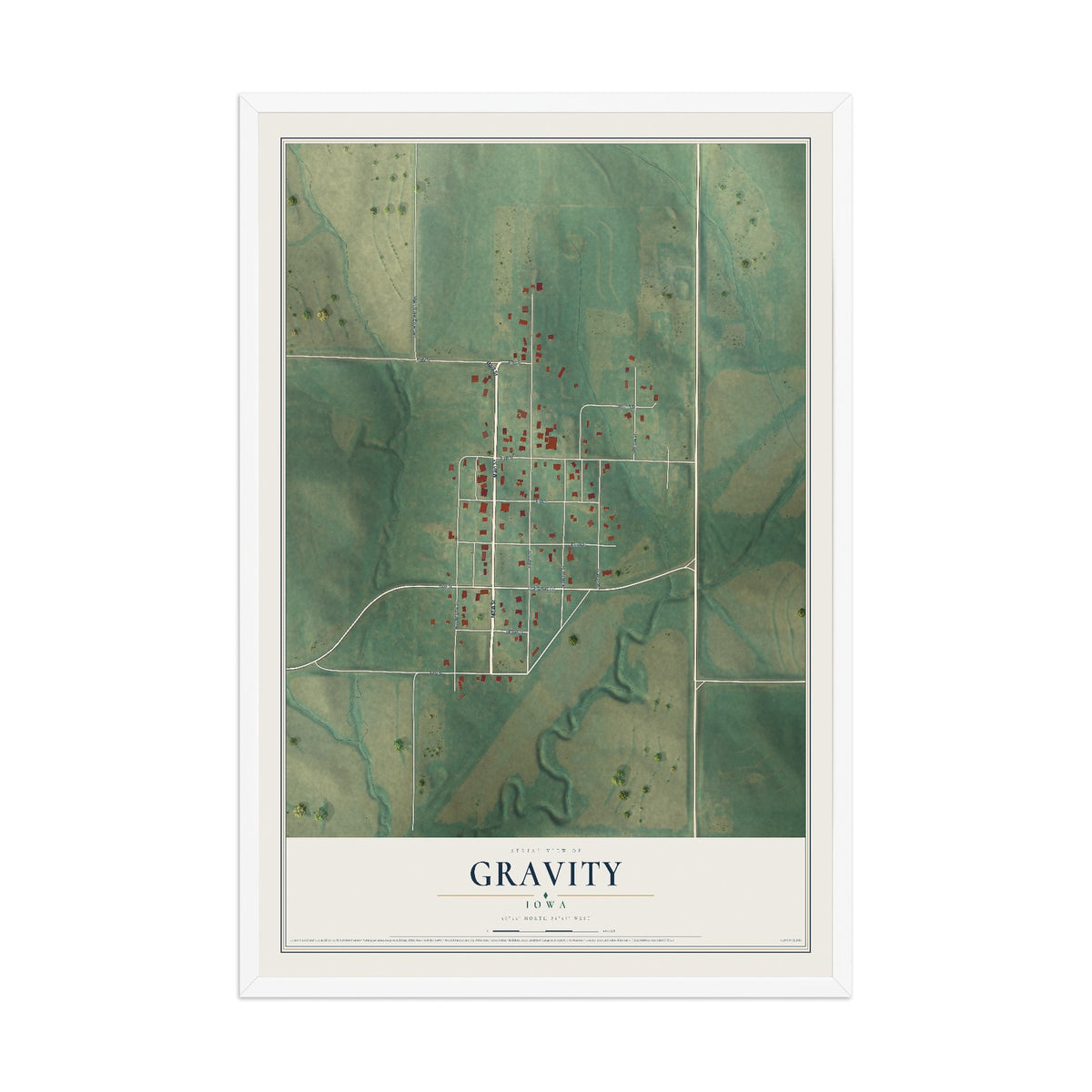 Map of Gravity, Iowa, 12 x 18 inch print in a white wood frame