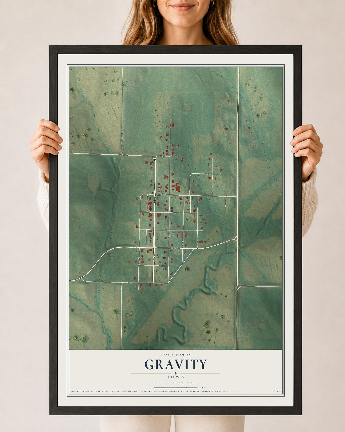 Map of Gravity, Iowa, 24 x 36 inch print in a black wood frame