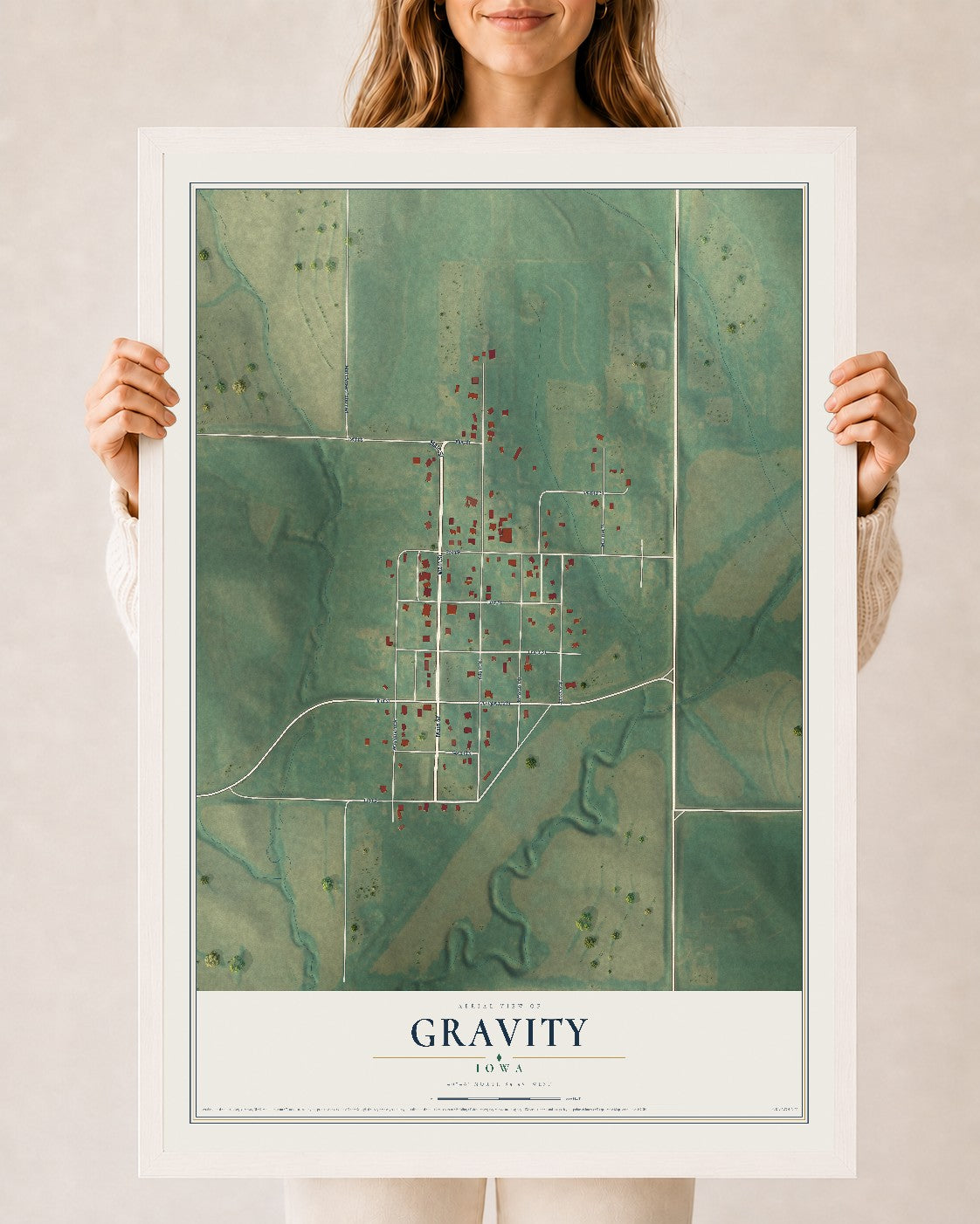 Map of Gravity, Iowa, 24 x 36 inch print in a white wood frame
