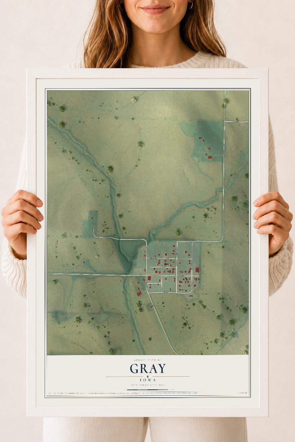 Map of Gray, Iowa, 18 x 24 inch print in a white wood frame