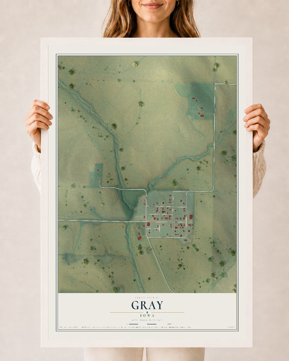 Map of Gray, Iowa, 24 x 36 inch print in a white wood frame