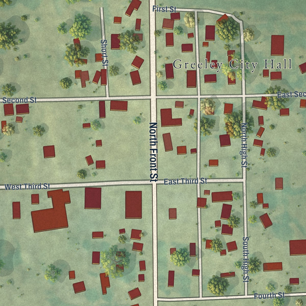 Close-up of the map of Greeley, Iowa print showing street and building detail