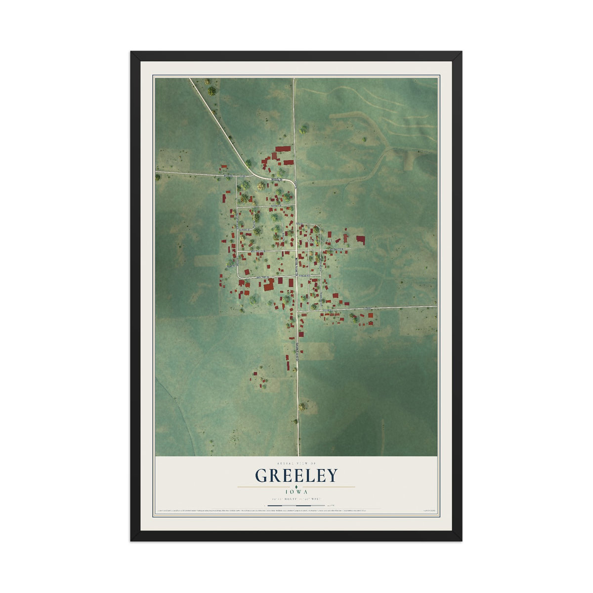 Map of Greeley, Iowa, 12 x 18 inch print in a black wood frame