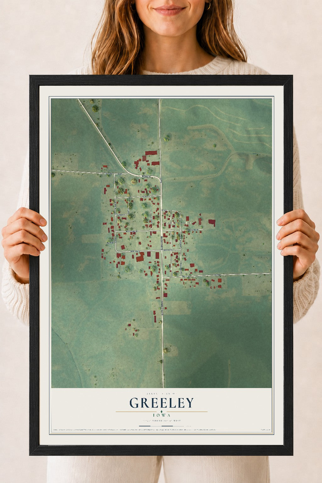 Map of Greeley, Iowa, 18 x 24 inch print in a black wood frame