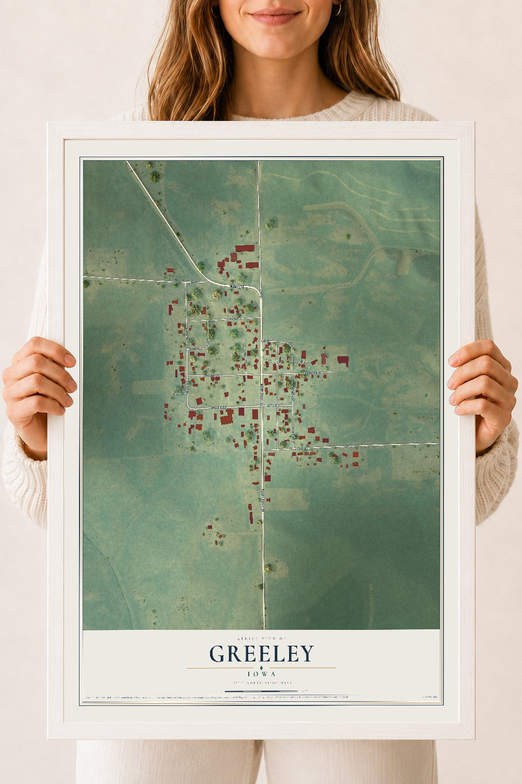 Map of Greeley, Iowa, 18 x 24 inch print in a white wood frame