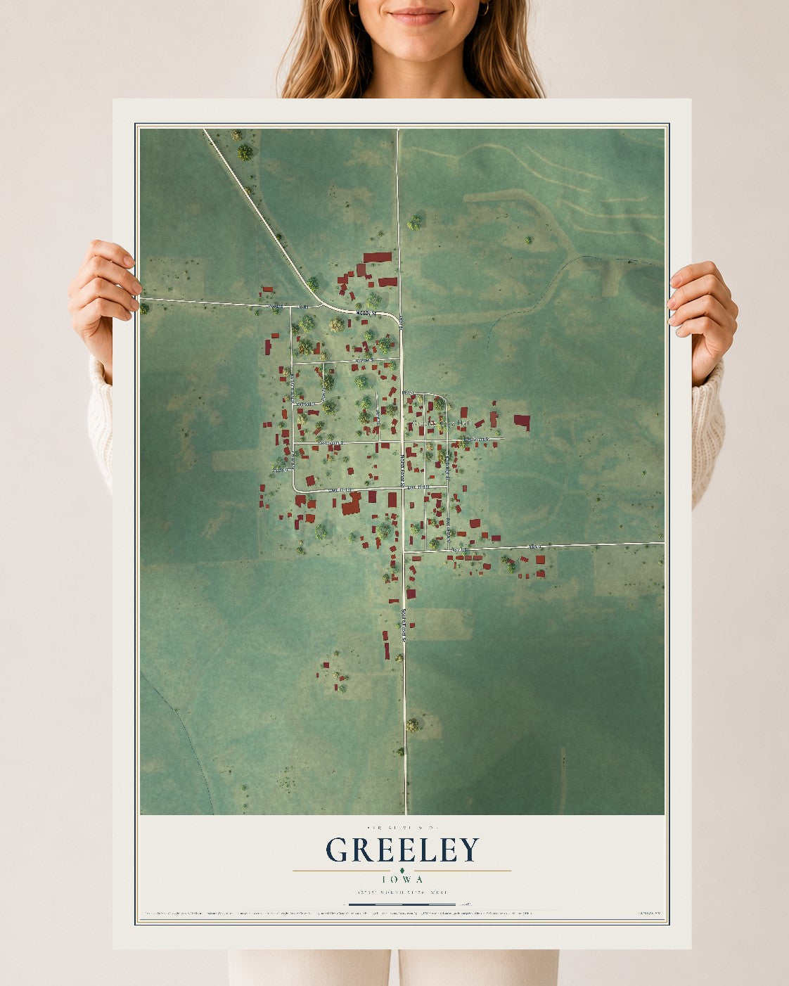 Map of Greeley, Iowa, 24 x 36 inch unframed archival matte print
