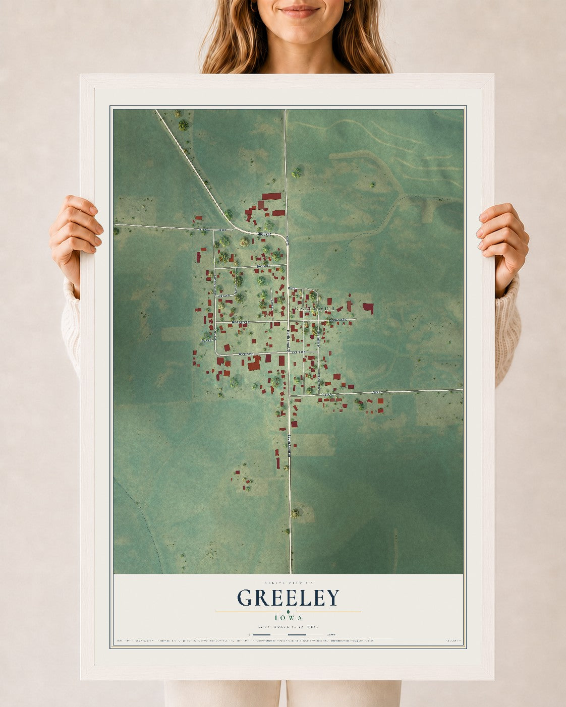 Map of Greeley, Iowa, 24 x 36 inch print in a white wood frame