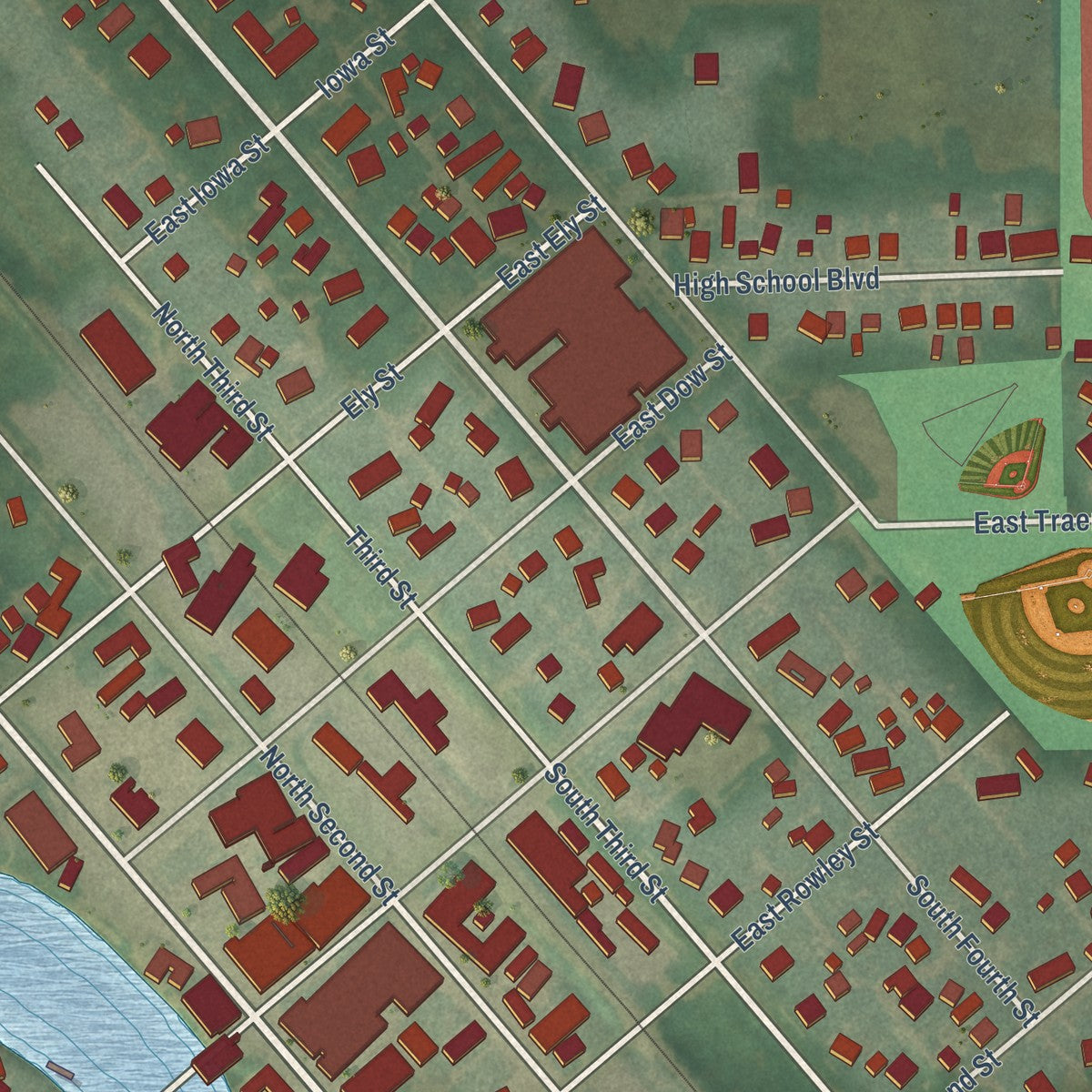 Close-up of the map of Greene, Iowa print showing street and building detail