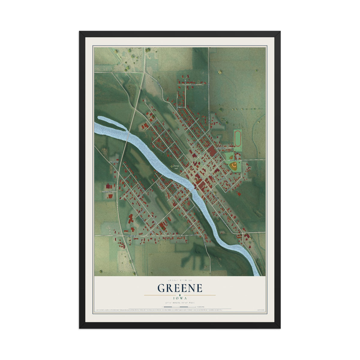 Map of Greene, Iowa, 12 x 18 inch print in a black wood frame