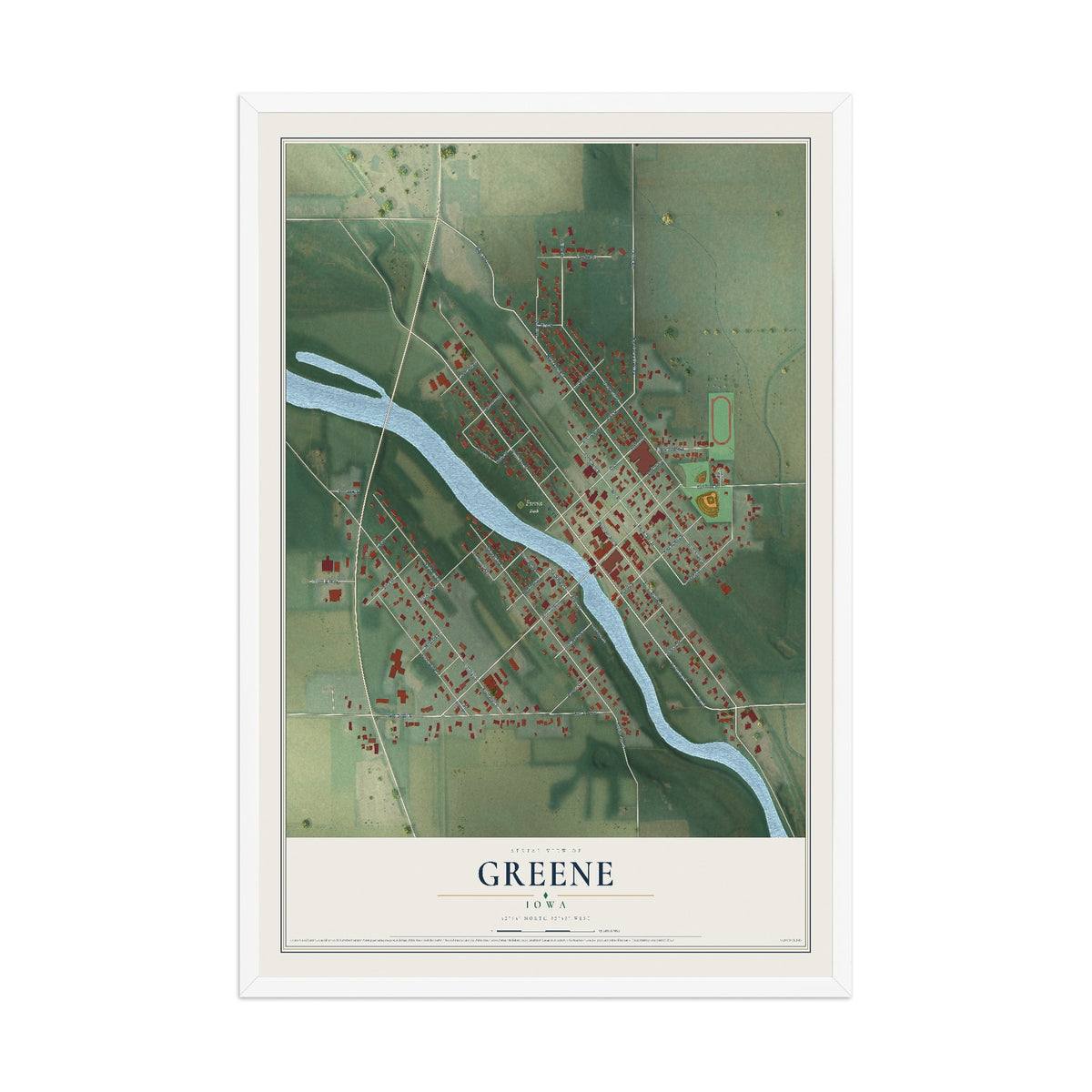Map of Greene, Iowa, 12 x 18 inch print in a white wood frame