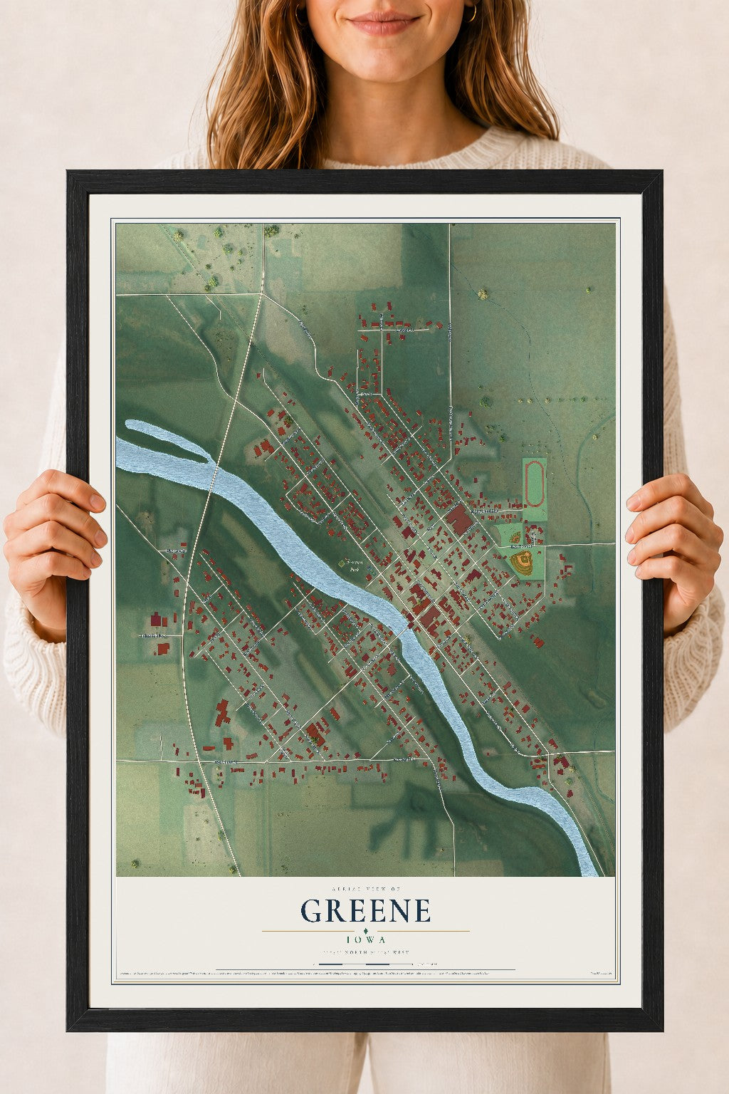 Map of Greene, Iowa, 18 x 24 inch print in a black wood frame
