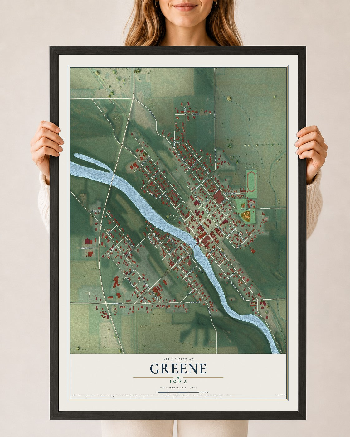 Map of Greene, Iowa, 24 x 36 inch print in a black wood frame