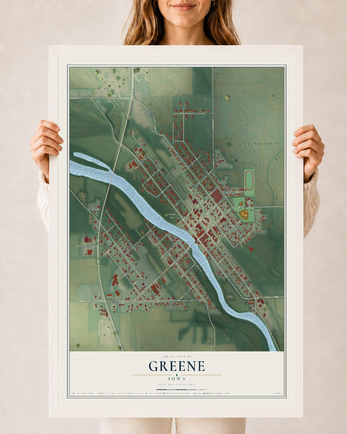 Map of Greene, Iowa, 24 x 36 inch print in a white wood frame