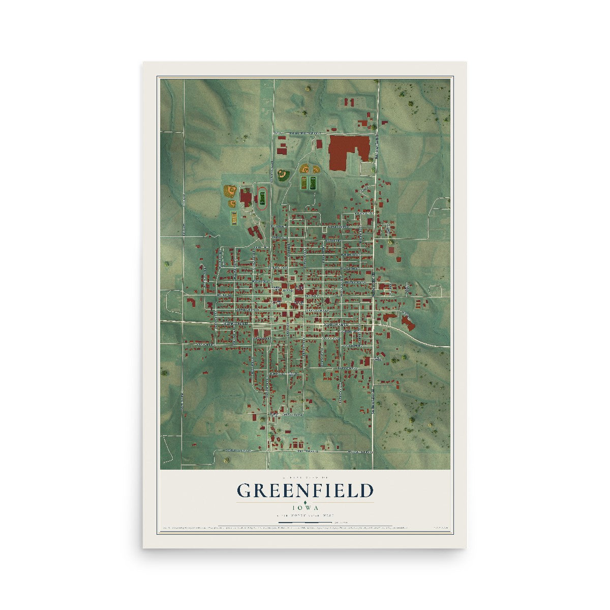 Map of Greenfield, Iowa, 12 x 18 inch unframed archival matte print