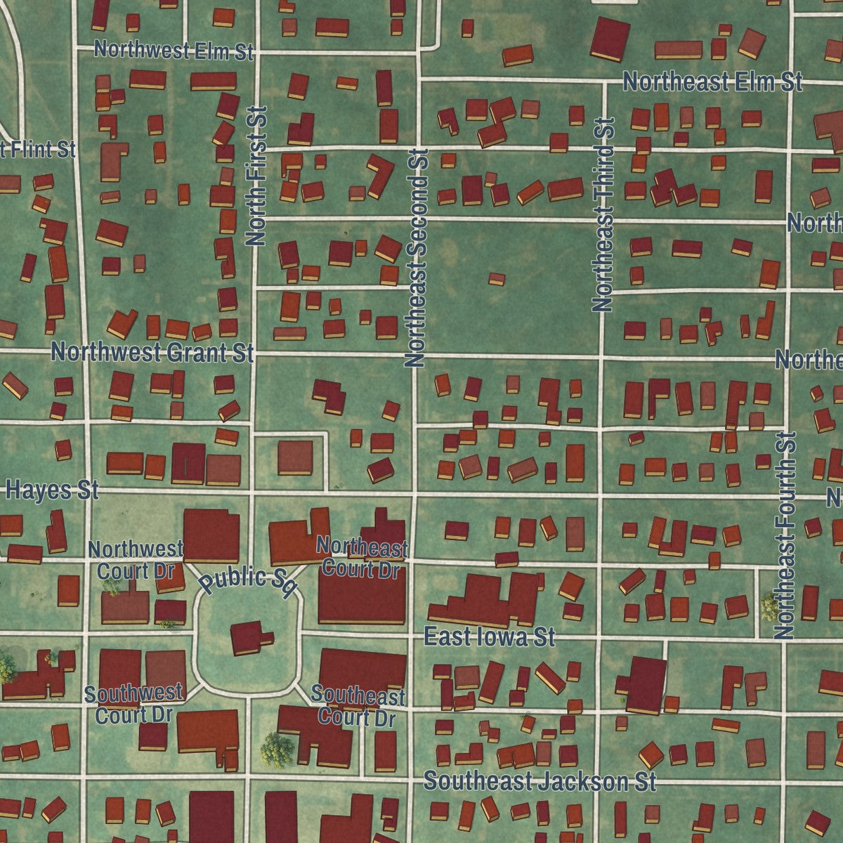 Close-up of the map of Greenfield, Iowa print showing street and building detail