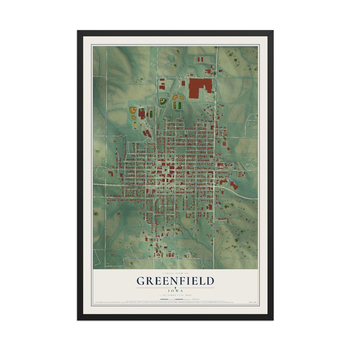Map of Greenfield, Iowa, 12 x 18 inch print in a black wood frame