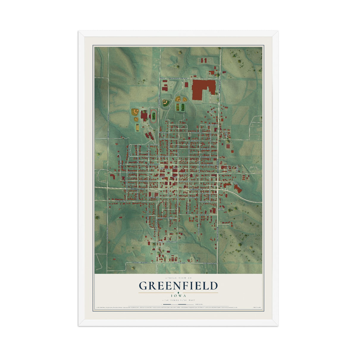 Map of Greenfield, Iowa, 12 x 18 inch print in a white wood frame