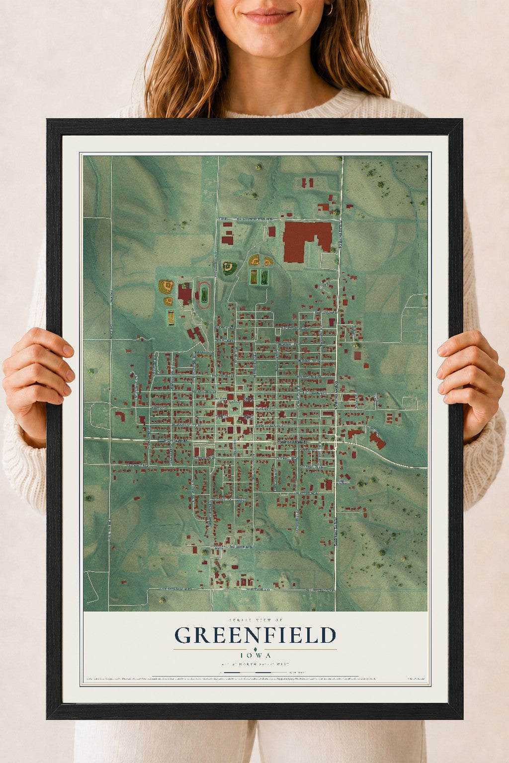 Map of Greenfield, Iowa, 18 x 24 inch print in a black wood frame