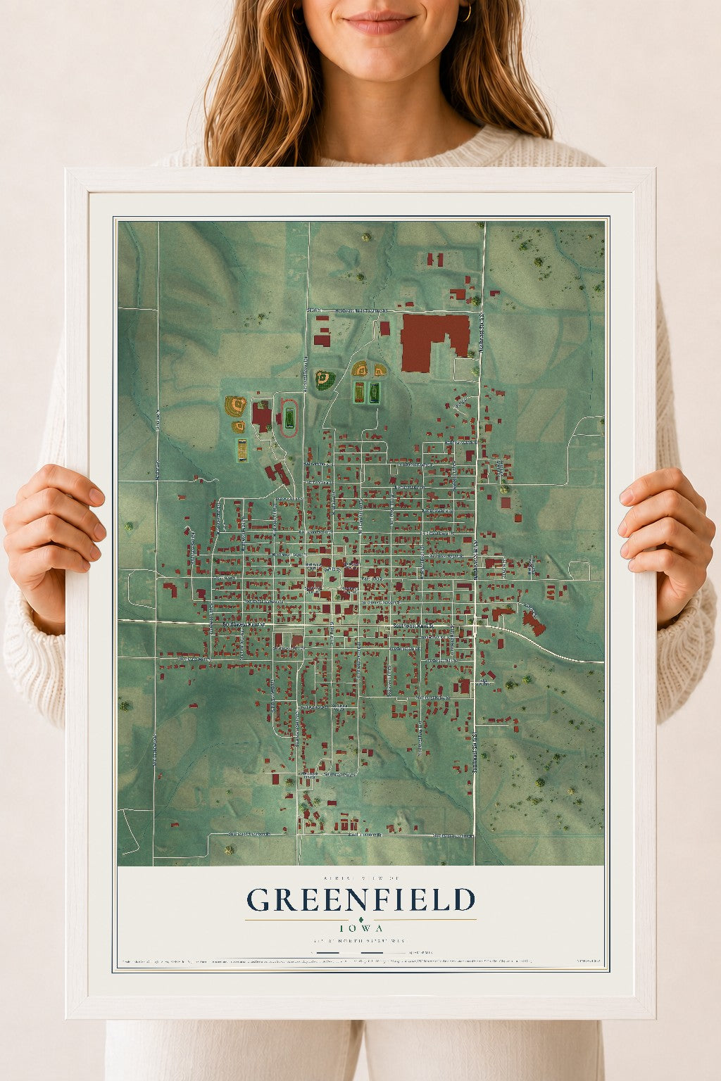 Map of Greenfield, Iowa, 18 x 24 inch print in a white wood frame
