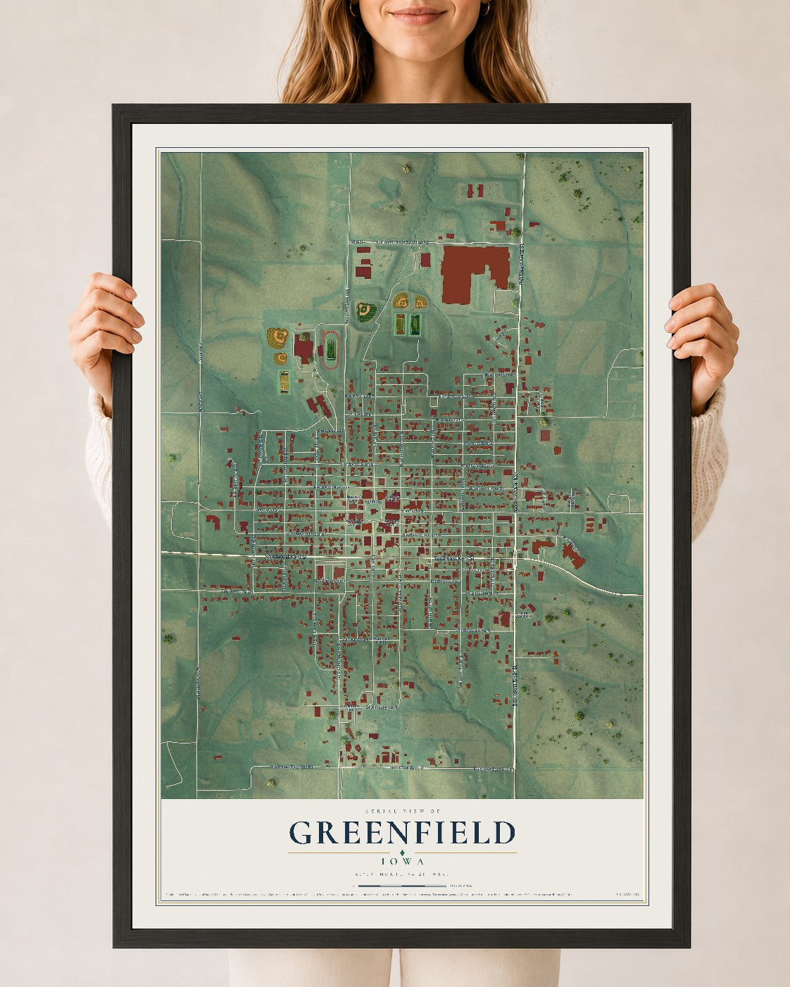 Map of Greenfield, Iowa, 24 x 36 inch print in a black wood frame