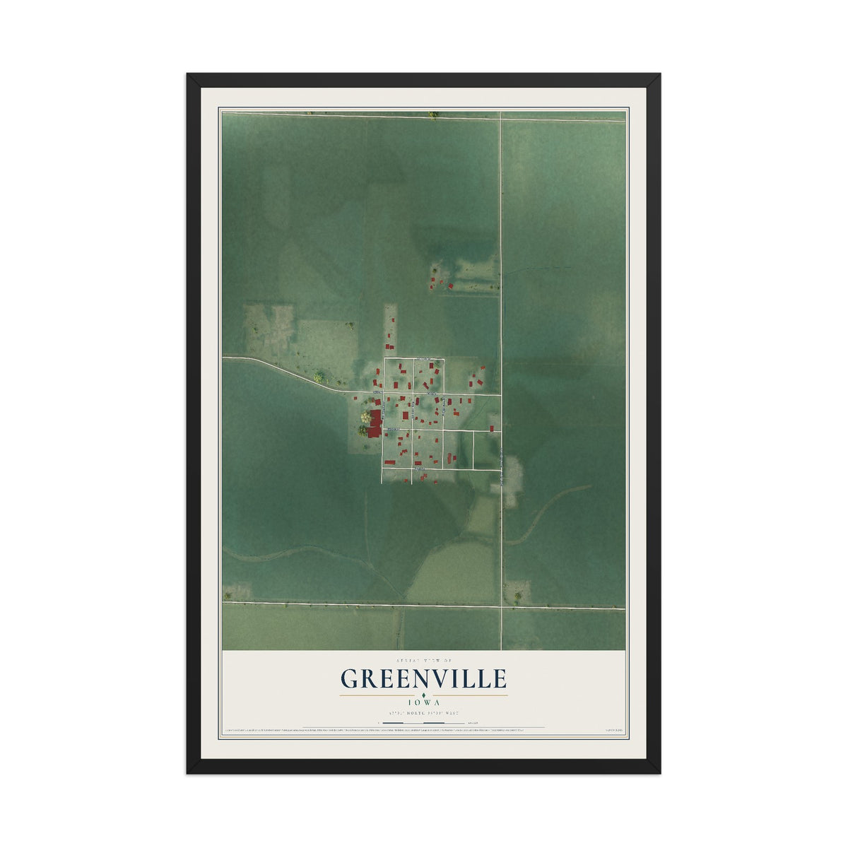 Map of Greenville, Iowa, 12 x 18 inch print in a black wood frame