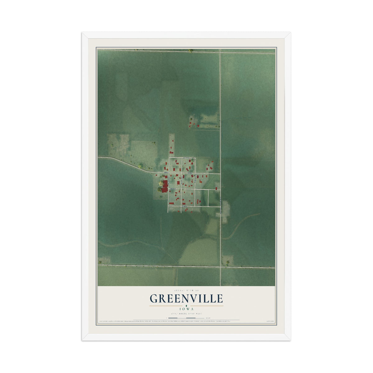 Map of Greenville, Iowa, 12 x 18 inch print in a white wood frame