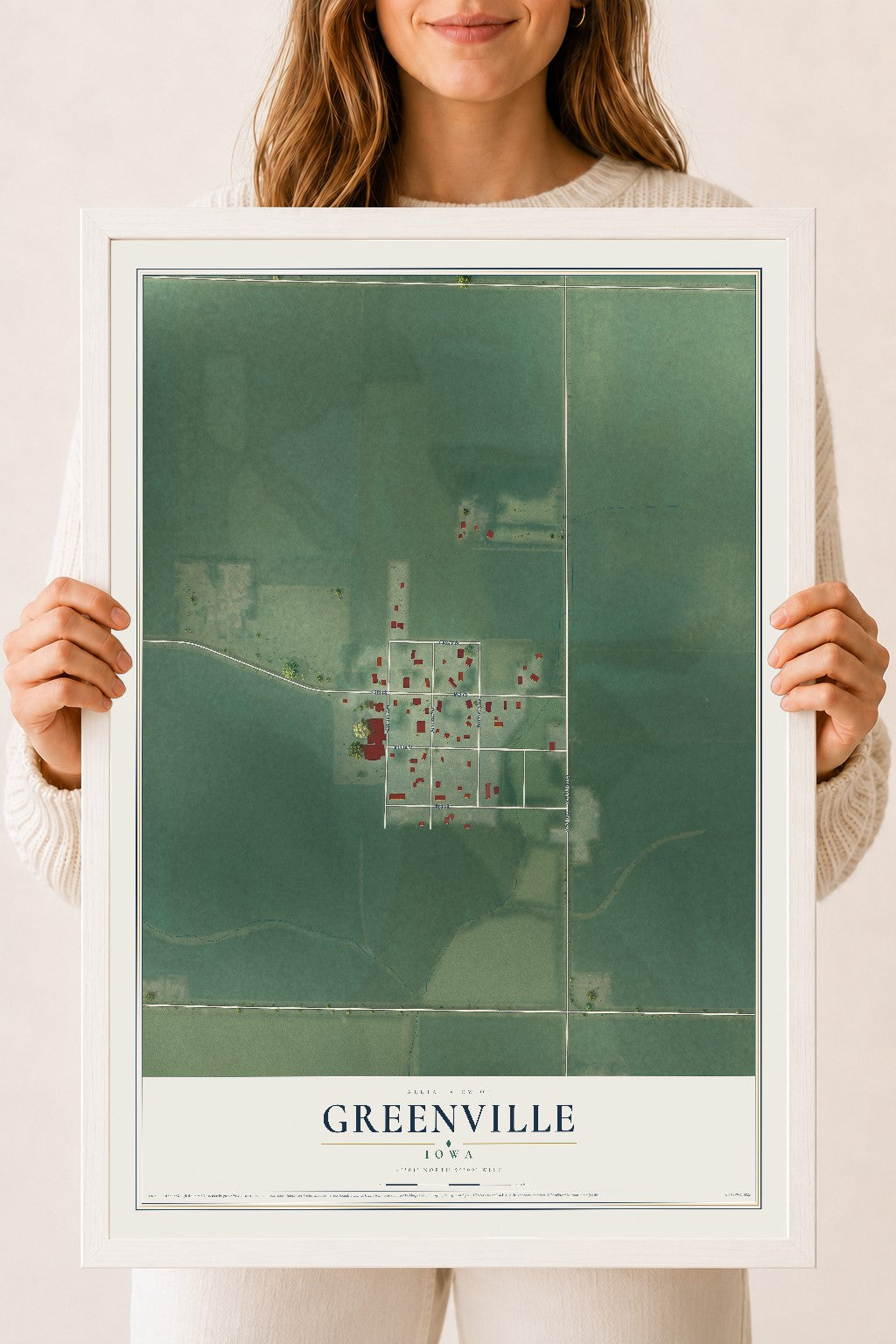Map of Greenville, Iowa, 18 x 24 inch print in a white wood frame