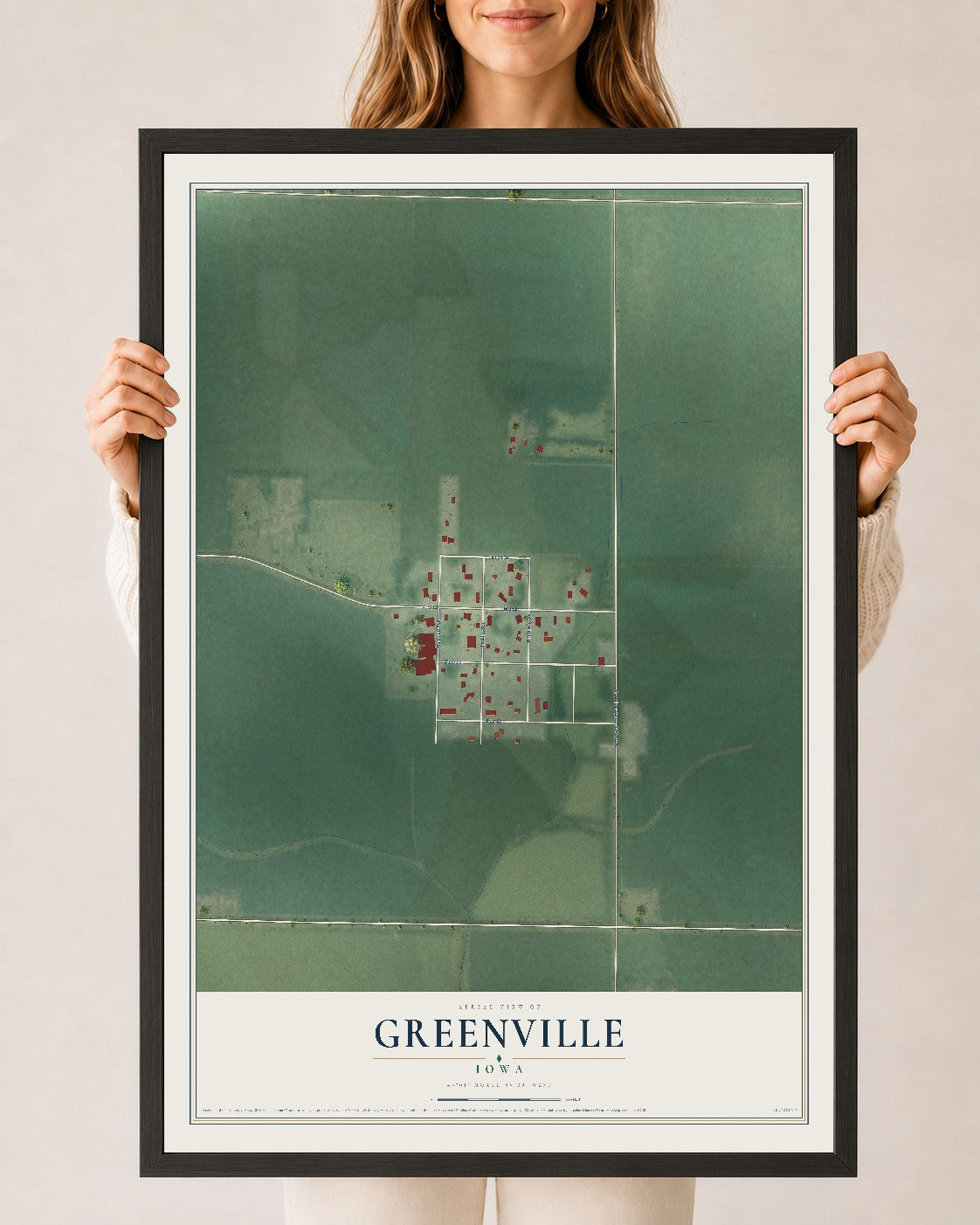 Map of Greenville, Iowa, 24 x 36 inch print in a black wood frame