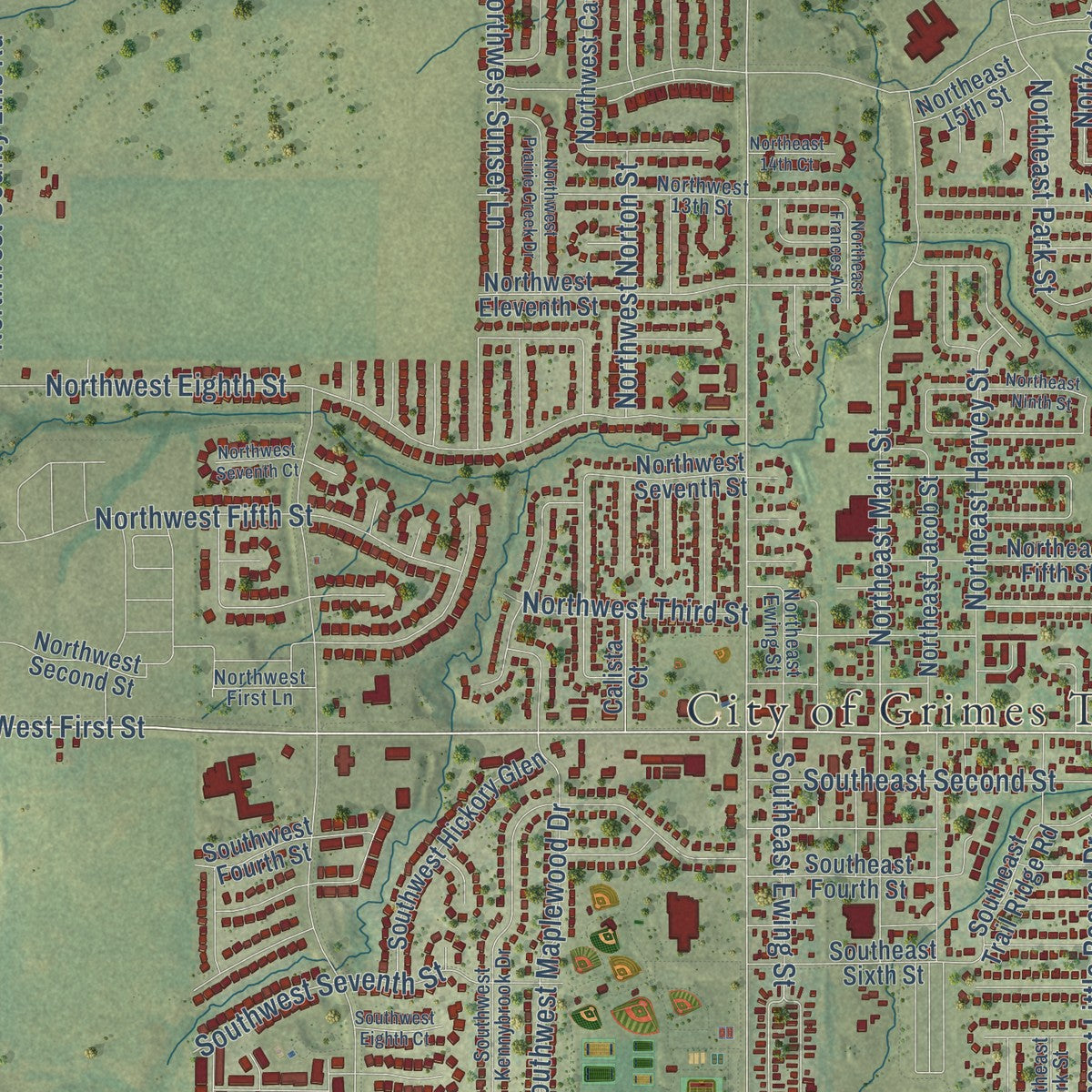 Close-up of the map of Grimes, Iowa print showing street and building detail