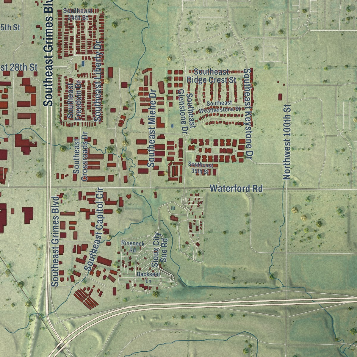 Second close-up of the map of Grimes, Iowa print showing more streets and buildings