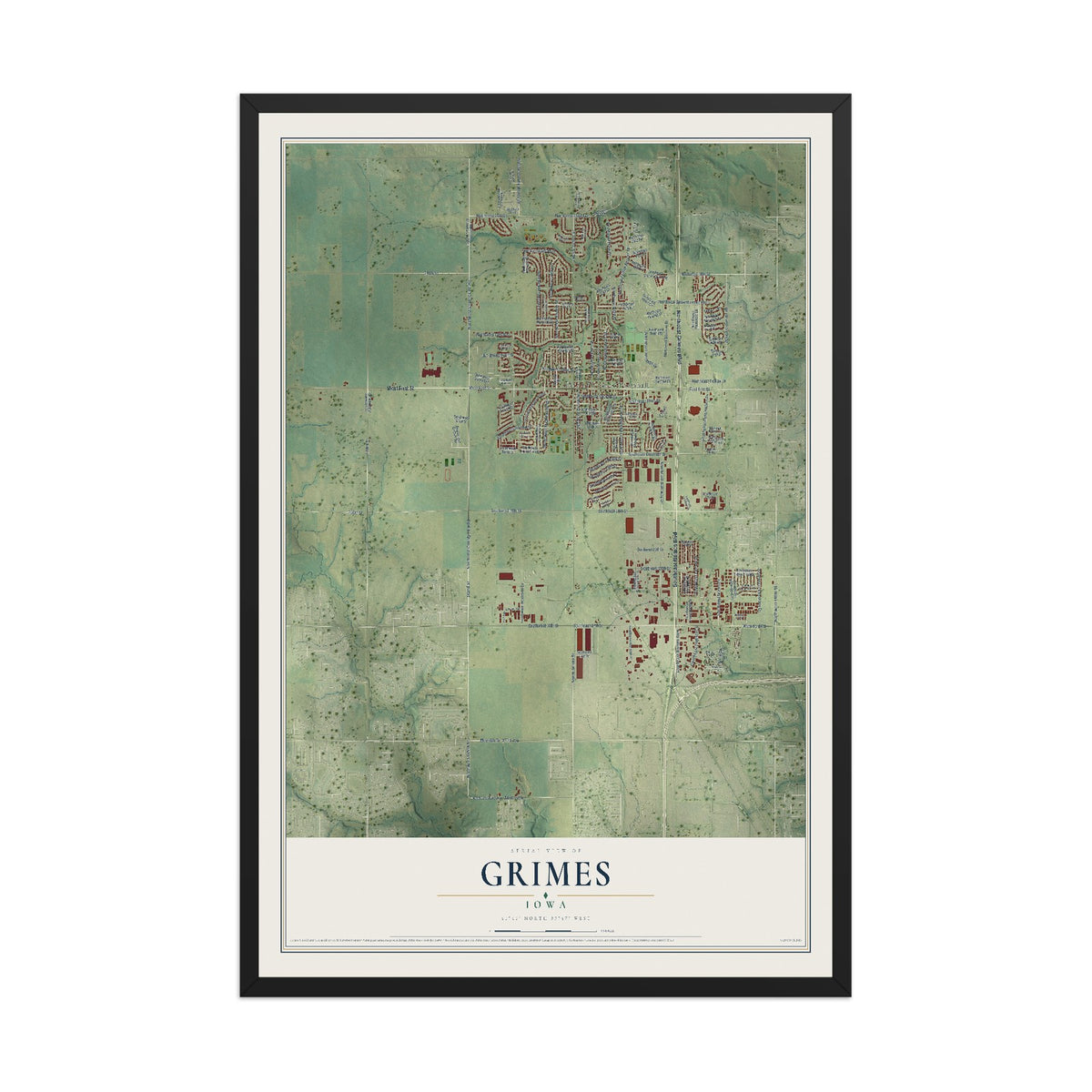 Map of Grimes, Iowa, 12 x 18 inch print in a black wood frame