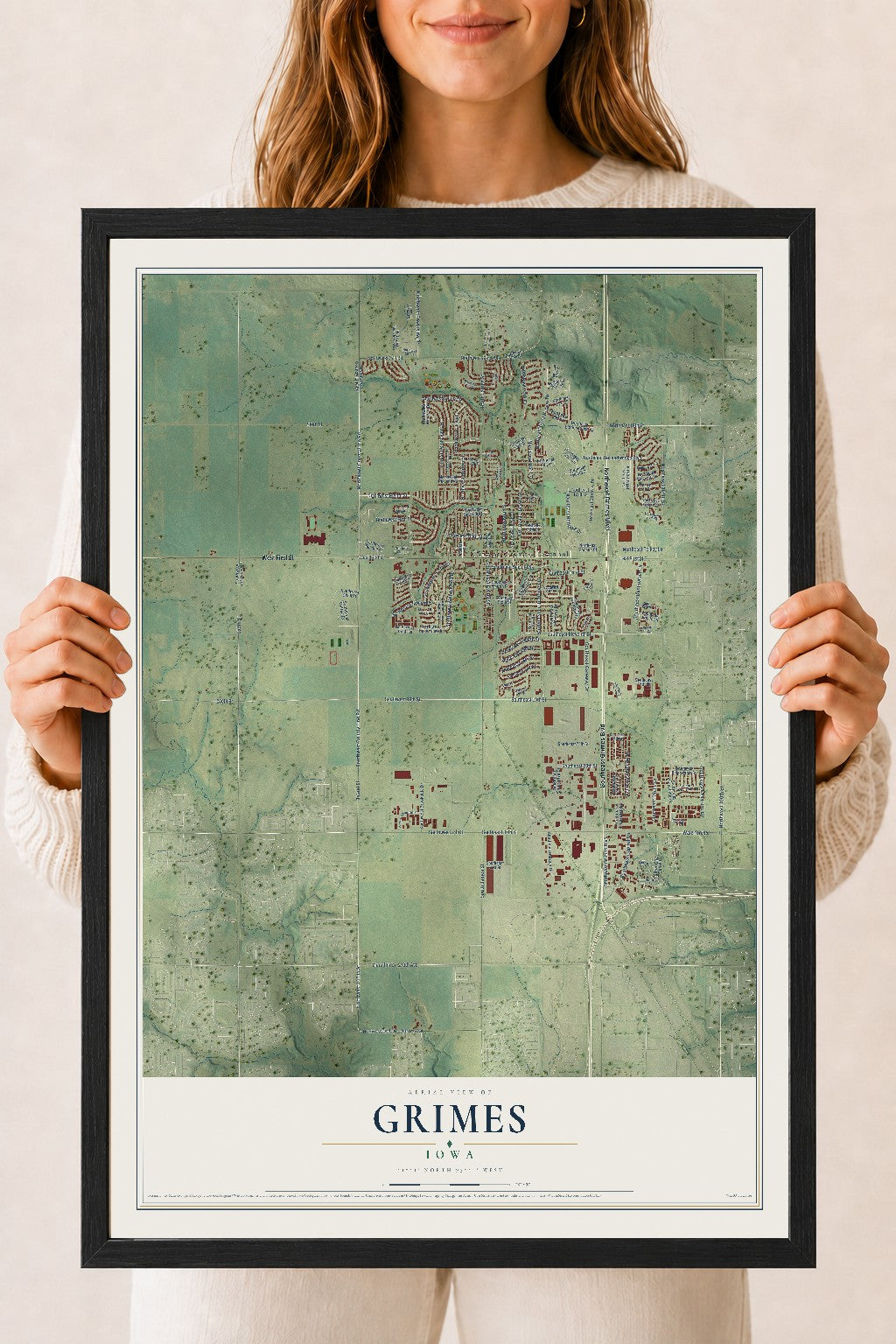 Map of Grimes, Iowa, 18 x 24 inch print in a black wood frame