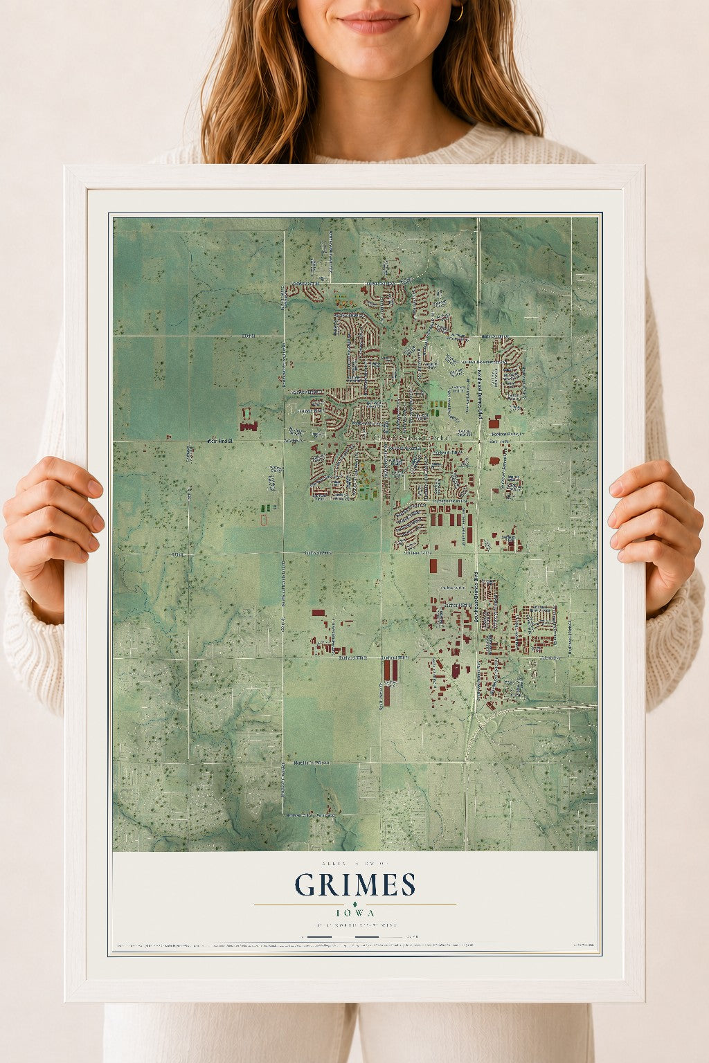 Map of Grimes, Iowa, 18 x 24 inch print in a white wood frame