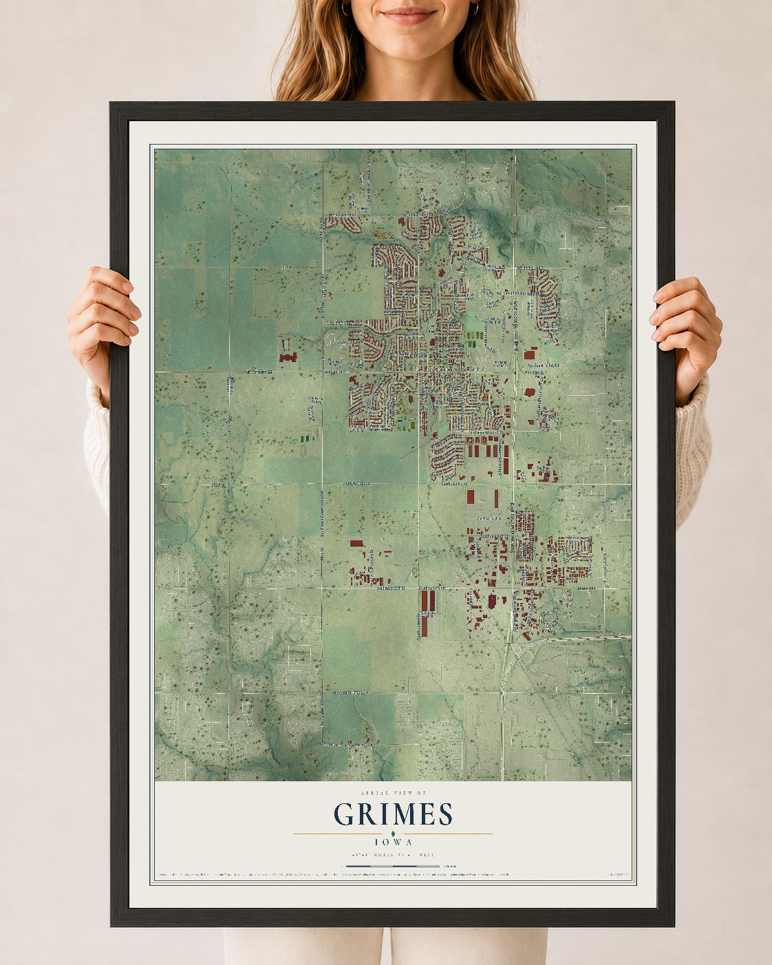 Map of Grimes, Iowa, 24 x 36 inch print in a black wood frame