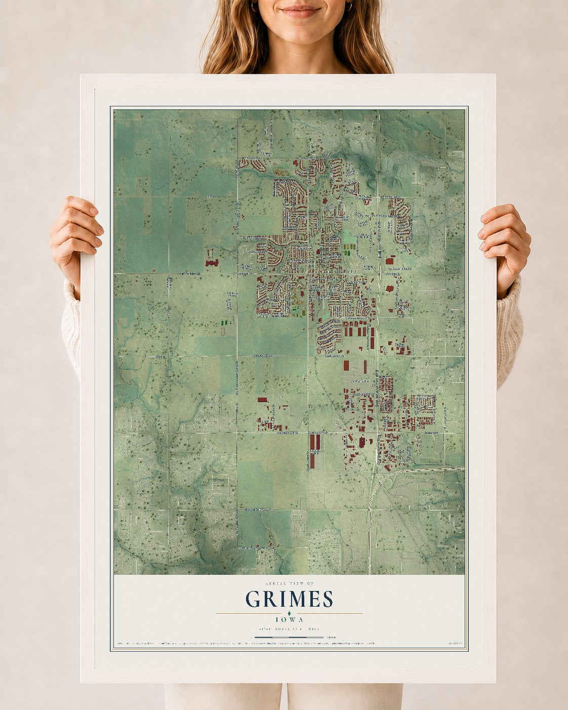 Map of Grimes, Iowa, 24 x 36 inch print in a white wood frame
