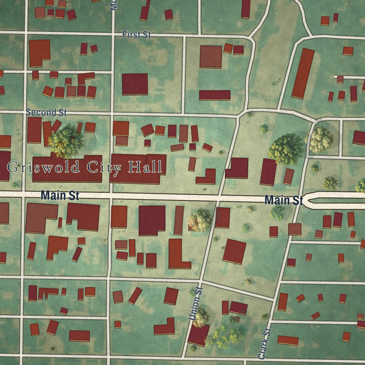 Close-up of the map of Griswold, Iowa print showing street and building detail