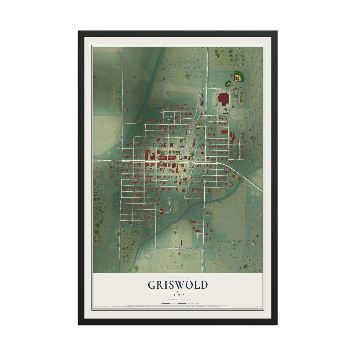 Map of Griswold, Iowa, 12 x 18 inch print in a black wood frame