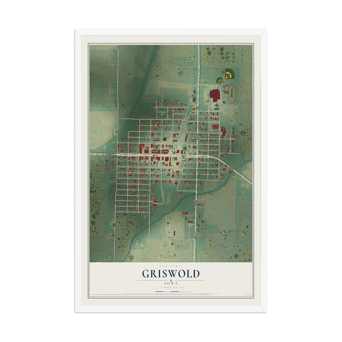 Map of Griswold, Iowa, 12 x 18 inch print in a white wood frame