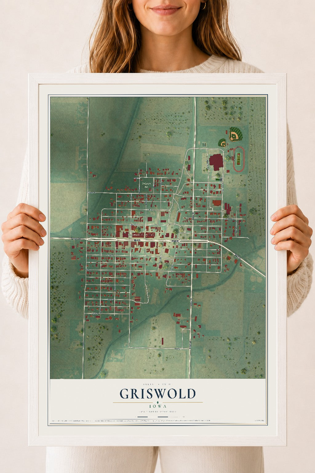 Map of Griswold, Iowa, 18 x 24 inch print in a white wood frame