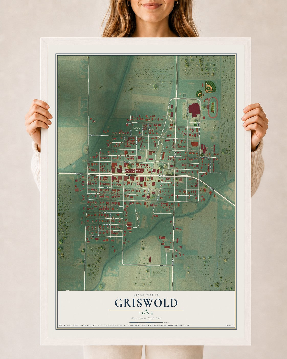 Map of Griswold, Iowa, 24 x 36 inch print in a white wood frame