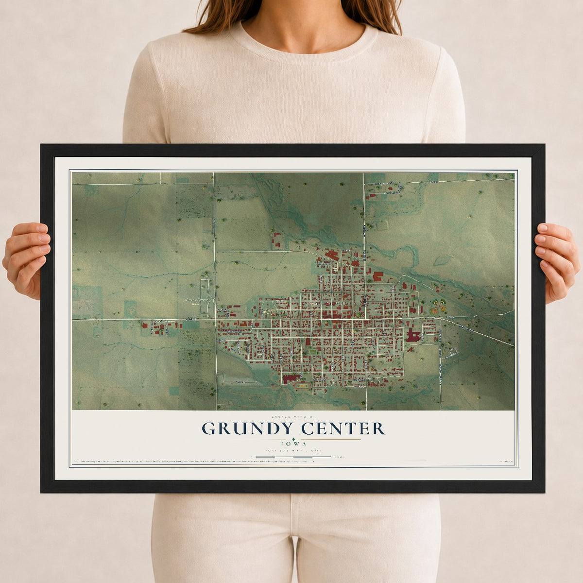 Map of Grundy Center, Iowa, 12 x 18 inch print in a black wood frame