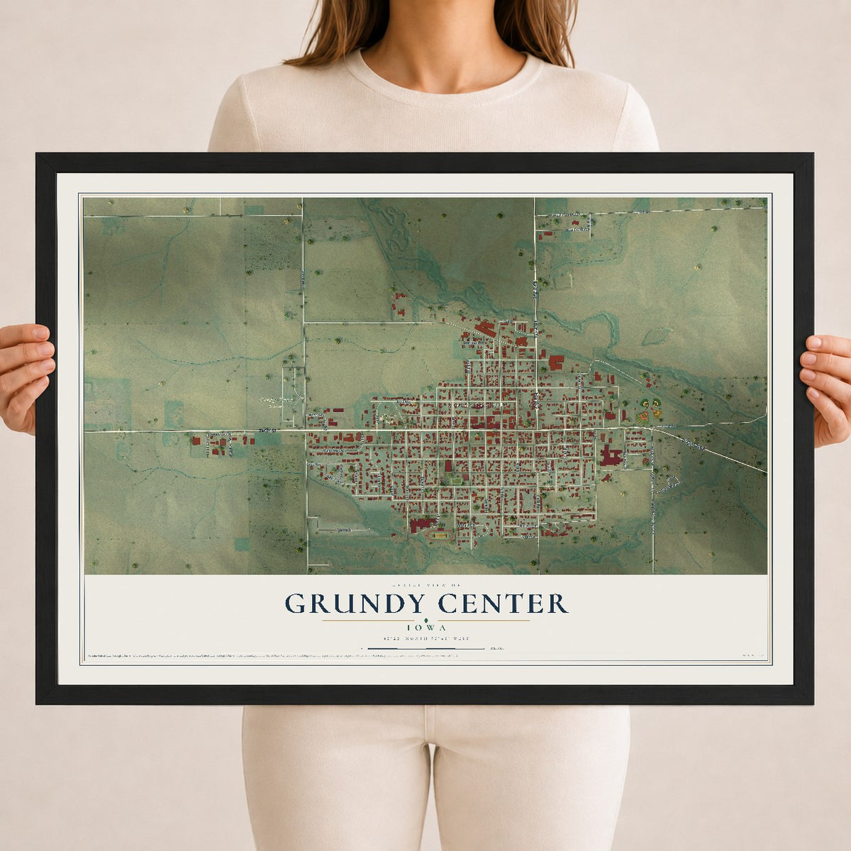 Map of Grundy Center, Iowa, 18 x 24 inch print in a black wood frame