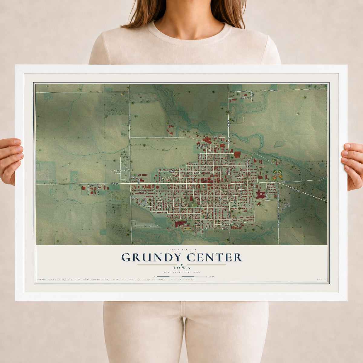 Map of Grundy Center, Iowa, 18 x 24 inch print in a white wood frame