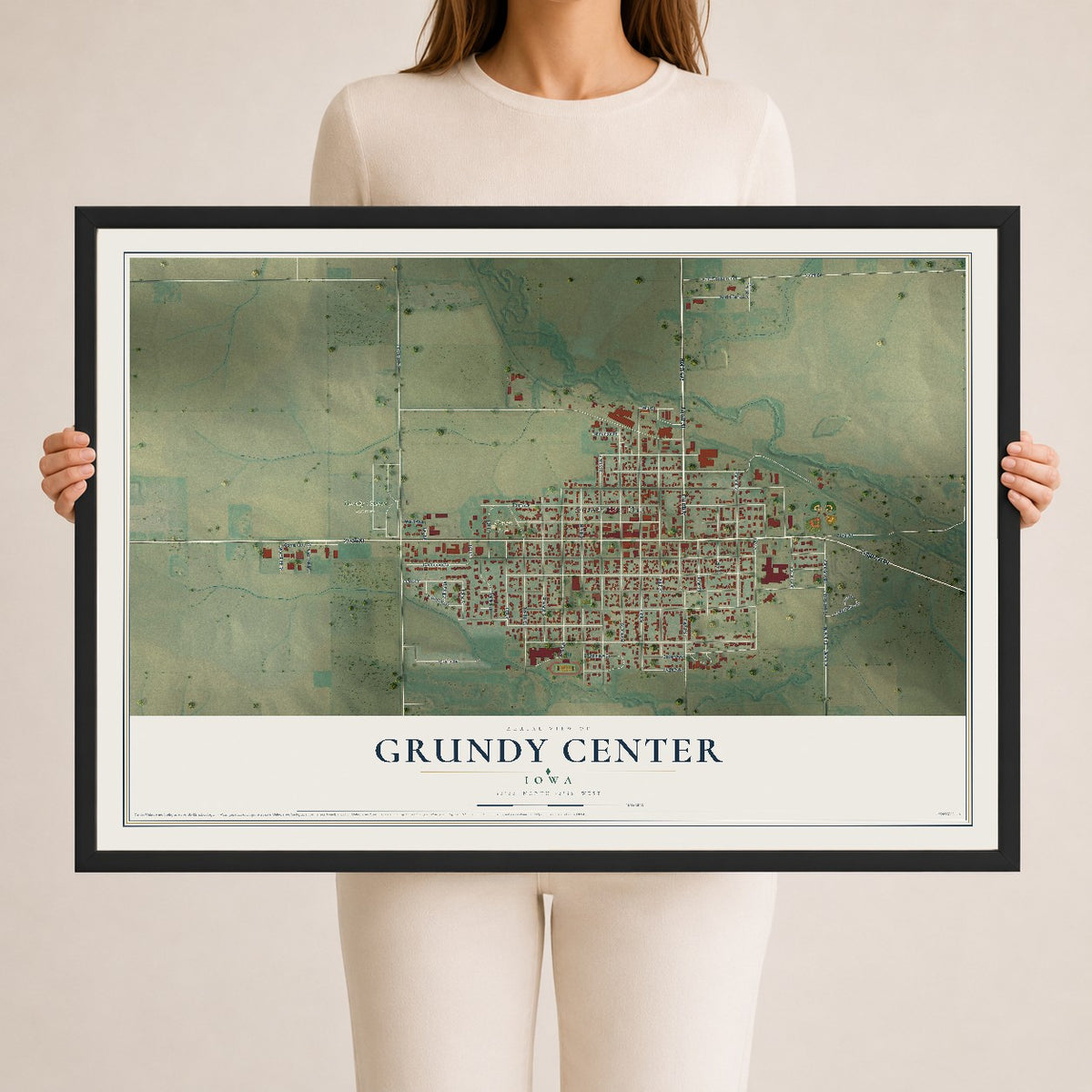 Map of Grundy Center, Iowa, 24 x 36 inch print in a black wood frame