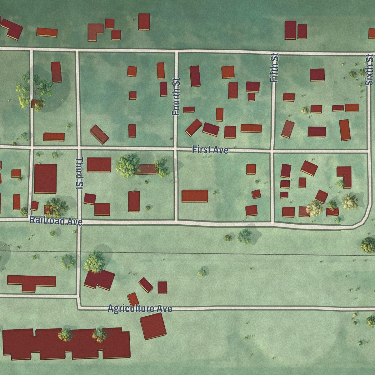 Close-up of the map of Gruver, Iowa print showing street and building detail