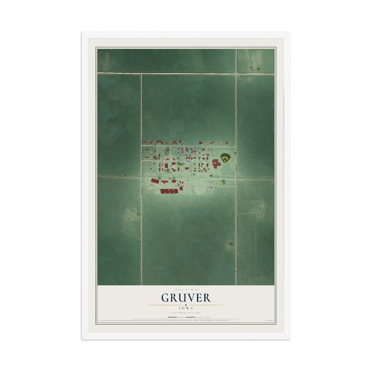 Map of Gruver, Iowa, 12 x 18 inch print in a white wood frame